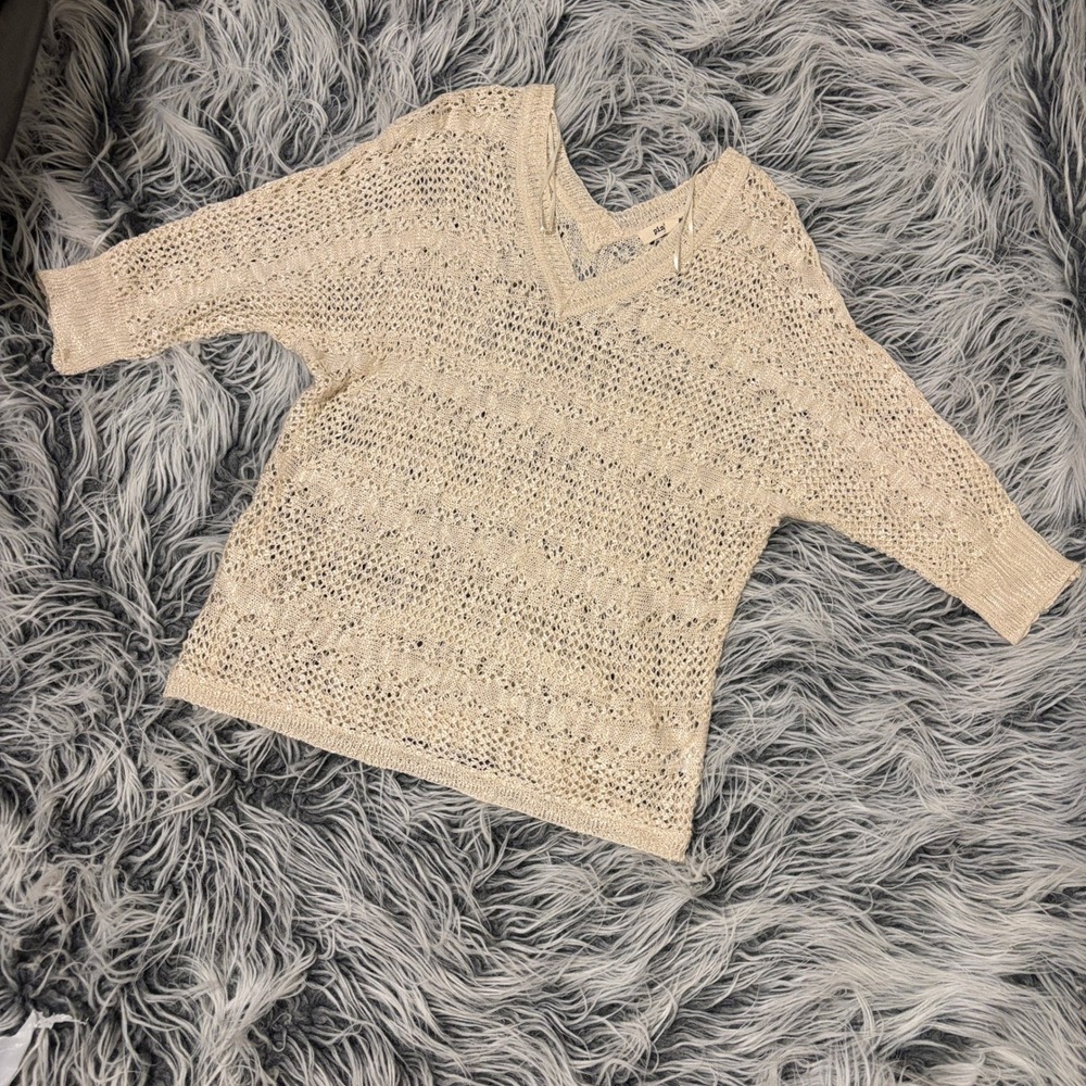 Pink Rose Women Beige Open Knit V-Neck Sweater Crochet Dolman Sleeve sz M